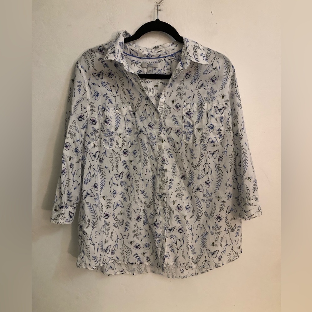 Croft & Barrow Blue Floral Button Up Shirt Women’s XXL Cotton 3/4 Sleeve
